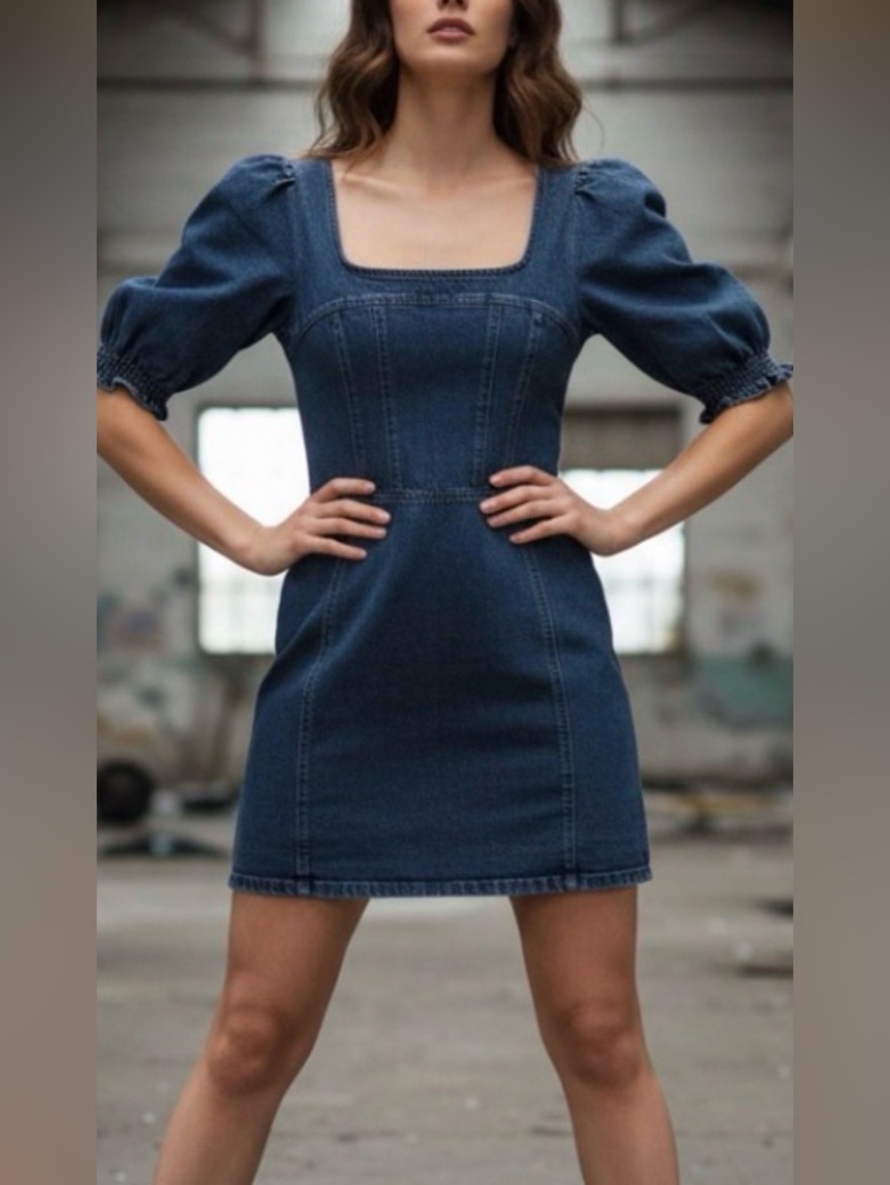 BETSEY JOHNSON Puff Sleeve Denim Stretch Mini Dress Square Neck Basque Waist
